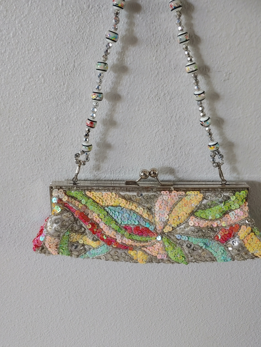 Sequined Multicolor Beaded Strap Clutch